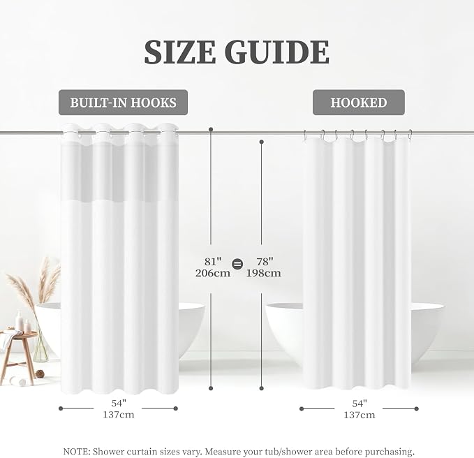 54x81 Ringless Linen Textured Shower Curtain with Snap in Liner, White | Narrow Long Size, 3 in 1 Shower Curtain, Removable Liner, Waterproof & Washable, Mesh Top Window, Durable Fabric, Easy Setup