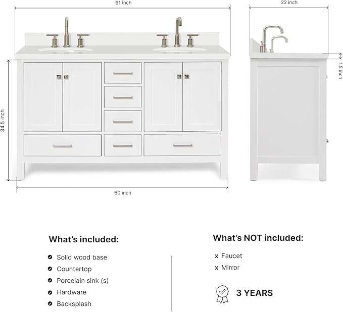 ARIEL Cambridge 60-inch Bathroom Vanity with Sink,Solid Wood, 1.5-inch Pure White Quartz Countertop & Backsplash, Double Oval Porcelain Sink, 4 Soft Closing Doors, 6 Dovetail Drawers, White