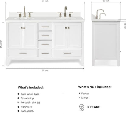 ARIEL Cambridge 60-inch Bathroom Vanity with Sink,Solid Wood, 1.5-inch Pure White Quartz Countertop & Backsplash, Double Oval Porcelain Sink, 4 Soft Closing Doors, 6 Dovetail Drawers, White