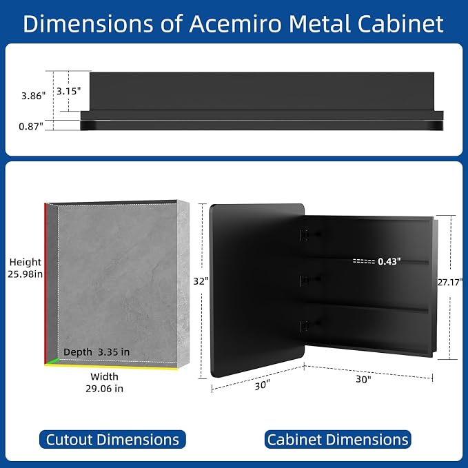 ACEMIRO 30x32 Inch Bathroom Medicine Cabinet with Mirror Black Metal Framed Mirror Cabinet Recessed or Surface Wall Mounted Medicine Cabinets for Bathroom