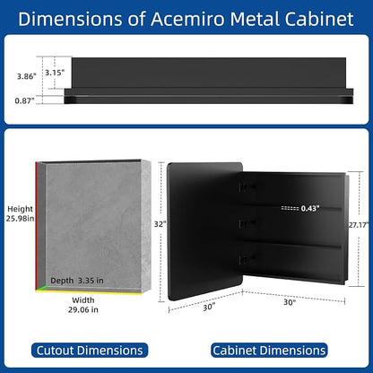 ACEMIRO 30x32 Inch Bathroom Medicine Cabinet with Mirror Black Metal Framed Mirror Cabinet Recessed or Surface Wall Mounted Medicine Cabinets for Bathroom