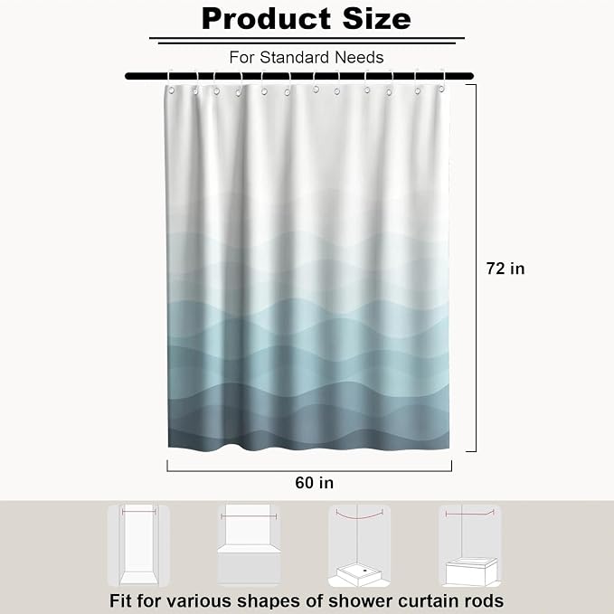 Modern Ocean Shower Curtain Abstract Aesthetic Striped Funky Minimalist | Art Shower Curtains for Bathroom, Waterproof Bath Curtain with Hooks Machine Washable Bathtub Curtains 60x72 Inch Blue