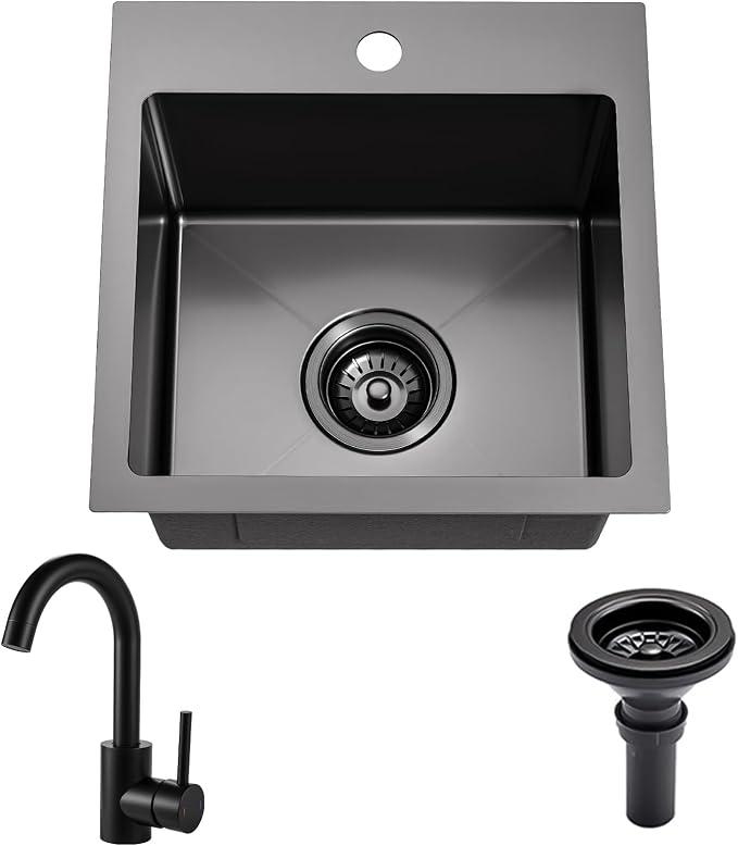 Black Bar Sink 15 Inch Modern Drop in Small Kitchen Sink with Faucet Combo Single Bowl Gunmetal Black RV Sink Stainless Steel Outdoor Sink