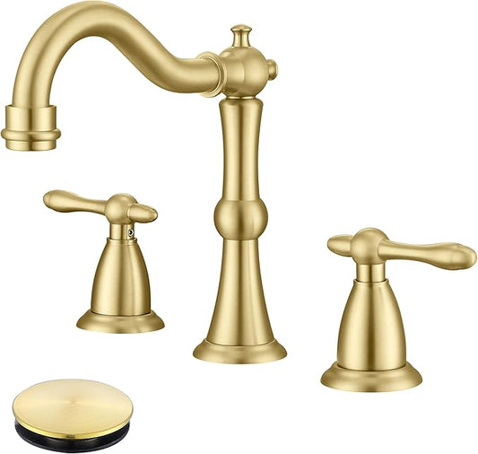 Antique Brushed Gold Bathroom Faucet 3 Hole, Widespread Bathroom Sink Faucet with Pop Up Drain and cUPC Supply Hose, Modern 2 Handle Vanity Faucet Gold JXM3073BG