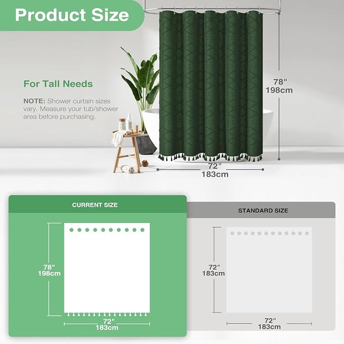 Long Boho Shower Curtain Tufted Geometric 72"x78" Dark Green | 78 Inch Tall, Elegant Tassel, Lightweight Textured Fabric, Water Repellent, Washable, Hotel Spa, for Bathroom/Dorm 12 Hooks