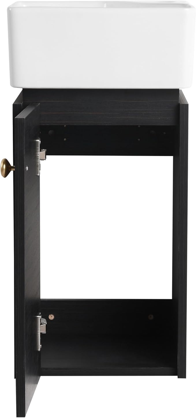 SSLine Modern 12" Floating Bathroom Vanity with Sink Wall Mounted Small Bathroom Vanity Cabinet with Top Basin Square Wood Bath Vanities w/Ceramic Sink for Small Space(Black Chestnut&Gold)