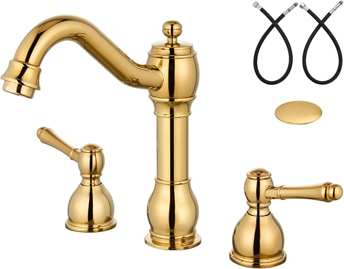 Widespread Bathroom Sink Faucet 3 Hole Metal Lever Polish Gold | Vintage Brass Sink Faucet,2 Handle,Pop Up Drain,cUPC Hose,for 8 Inch,6-16″Centerset Basin,Farmhouse,RV,Vanity,Lavatory