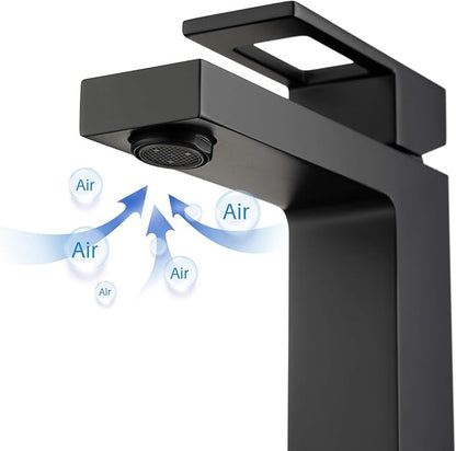 KBF1002 Solid Brass Single Handle Bathroom Sink Faucet, High Arc Cubic Spout Lavatory Faucet in Matte Black | Corrosion-Resistant, Modern Design, Easy to Install