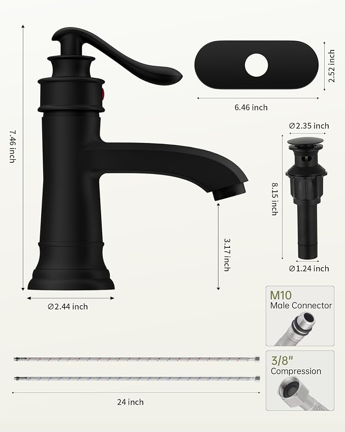 Matte Black Bathroom Faucet Brass Single Handle Bathroom Sink Faucets | Single Hole Farmhouse Faucet Vanity Lavatory RV with Overflow Pop Up Drain Mixer Tap Commcercial Rustic by BATHLAVISH