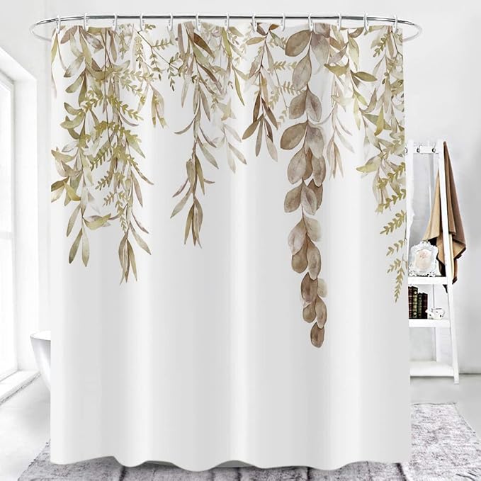 Botanical Shower Curtains Watercolor Autumn Eucalyptus Leaf Plant Tan Bathroom Curtain for Bathtub Waterproof Fabric Machine Washable with 12 Hooks Top Tan Eucalyptus Leaf 72''Lx65''W