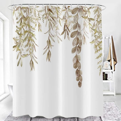 Botanical Shower Curtains Watercolor Autumn Eucalyptus Leaf Plant Tan Bathroom Curtain for Bathtub Waterproof Fabric Machine Washable with 12 Hooks Top Tan Eucalyptus Leaf 72''Lx65''W
