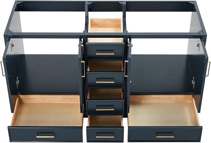 ARIEL Stafford 60-inch Bathroom Vanity Base Cabinet,Solid Wood, 4 Soft Closing Doors, 6 Dovetail Drawers, Satin Brass, Midnight Blue
