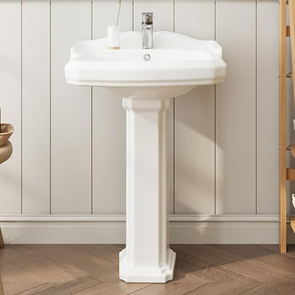 Pedestal Sink Vintage Square Ceramic Basin with Single-Hole Mount, Traditional Bathroom Sink for Home Remodel and Vanity Installation, Decorative Pedestal Style