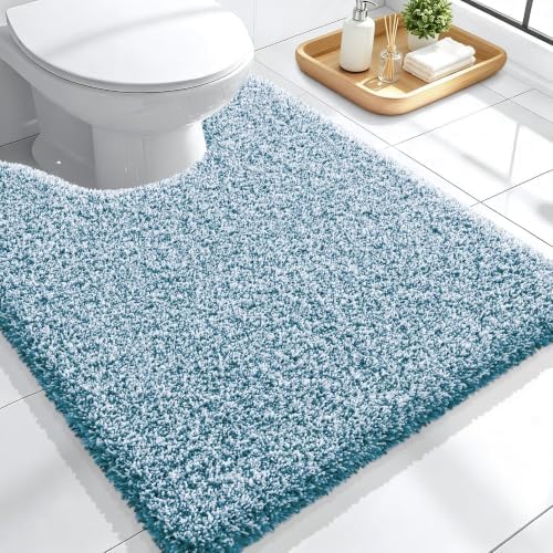 OLANLY Microfiber Bathroom Rugs U-Shaped 24x20, Peacock Blue and White