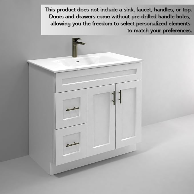 36" White Shaker Bathroom Vanity Base – Ready-to-Assemble Sink Cabinet with Drawers, Freestanding Bathroom Vanity Base Only, No Top or Sink