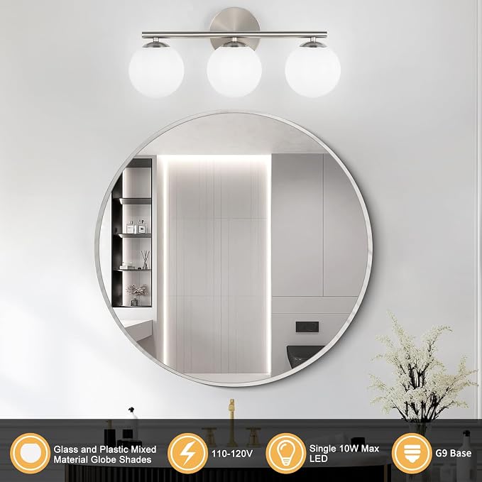 foucasal Brushed Nickel 3-Light Globe Vanity Light Fixture Over Mirror | G9 Socket, Plastic Milk Globe Shades, 4.72" Base, 10W Max, Adjustable Up/Down Light, Mid Century Style for Bathroom Bedroom