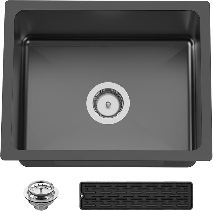 Black 20x16 In Kitchen And Bar Sink- Stainless Steel Undermount Kitchen Sink Modern Single Bowl Drop In Bar Sink With Silicon Mat,Drain Strainer Set Compatibility With Various Kitchen & Bar Style