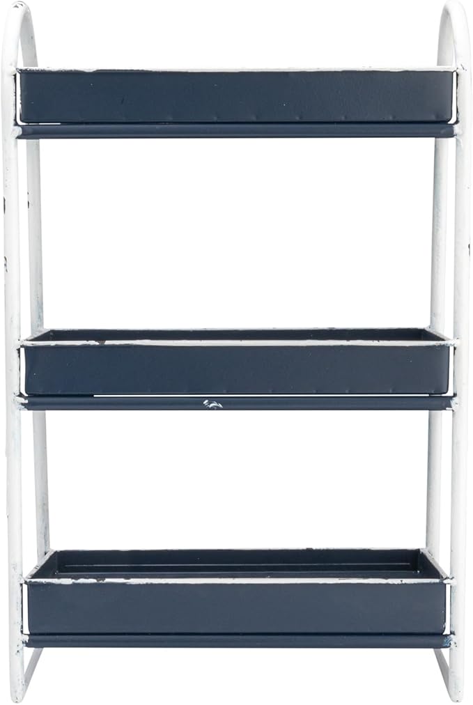 Creative Co-Op Heavily Distressed 3-Tier Metal Tray with White Frame & Rim, Navy