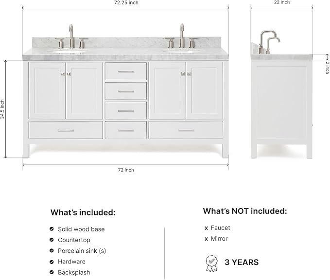 ARIEL Cambridge 72-inch Bathroom Vanity with Sink,Solid Wood, 2-inch Italian Carrara Marble Countertop & Backsplash, Double Oval Porcelain Sink, 4 Soft Closing Doors, 6 Dovetail Drawers, White
