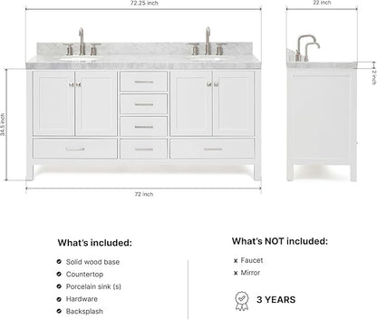 ARIEL Cambridge 72-inch Bathroom Vanity with Sink,Solid Wood, 2-inch Italian Carrara Marble Countertop & Backsplash, Double Oval Porcelain Sink, 4 Soft Closing Doors, 6 Dovetail Drawers, White