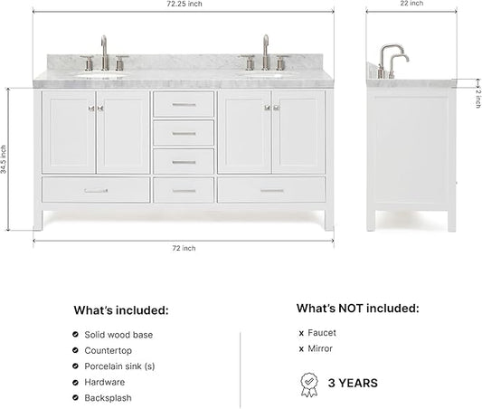 ARIEL Cambridge 72-inch Bathroom Vanity with Sink,Solid Wood, 2-inch Italian Carrara Marble Countertop & Backsplash, Double Oval Porcelain Sink, 4 Soft Closing Doors, 6 Dovetail Drawers, White