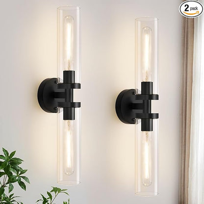 Wall Sconces Set of Two, Hardwired Matte Black Bathroom Sconces Wall Lighting with Clear Glass, Modern Sconces Wall Decor Set of 2 Bathroom Light Fixtures for Mirror Hallway (Bulbs Not Included)