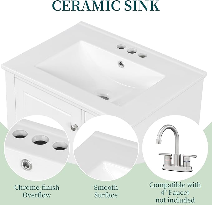 Bathroom Vanity with Ceramic Sink 24 Inch, Cabinet with One Door and Three Drawers, Soft-Closing Door, Solid Wood Legs, White