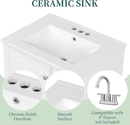Bathroom Vanity with Ceramic Sink 24 Inch, Cabinet with One Door and Three Drawers, Soft-Closing Door, Solid Wood Legs, White