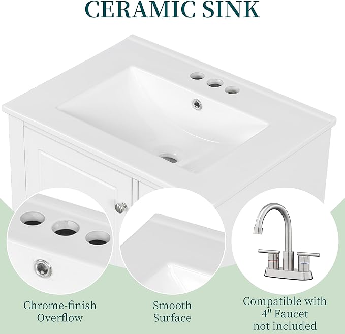24" Vanity with Sink, Small Bathroom Vanities 24 Inch with Sink, Single Sink Bathroom Vanity with Door Shelf and Three Drawers, Restroom Vanity with Sink Top (White)