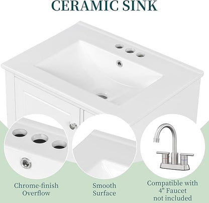 24" Vanity with Sink, Small Bathroom Vanities 24 Inch with Sink, Single Sink Bathroom Vanity with Door Shelf and Three Drawers, Restroom Vanity with Sink Top (White)