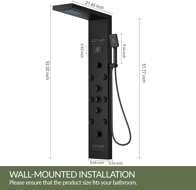Black Shower Panel Tower System Stainless Steel LED Rainfall Waterfall Shower Head 5-Function Faucet Rain Massage System Wall Mount with 8 Body Jets, Handheld, and Tub Spout