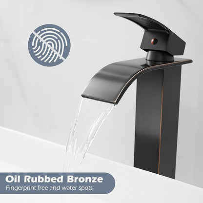BWE Vessel Sink Faucet Modern Waterfall Oil Rubbed Bronze Single Hole Bathroom Faucet Single Handle with Pop up Drain Without Overflow Assembly Vanity Basin Bath Sink Faucets Mixer Tap
