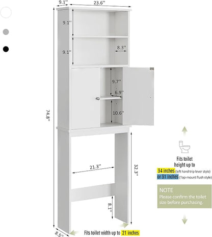 Over the Toilet Storage Cabinet for Bathroom, Extra Tall Over Toilet Storage, Space Saver W/Adjustable Shelf & Open Storage Shelf, 75in, White