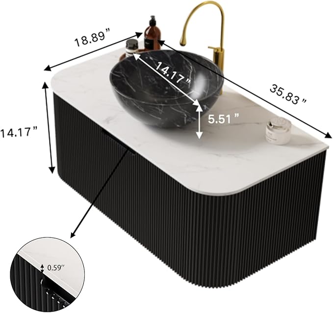 Yayzy 36" Floating Bathroom Vanity with Sink, Solid Wood Fluted Cabinet, White Marble-Patterned Ceramic Basin & Faux Marble Top, Soft-Close Drawer, Pre-Assembled, Gloss Black