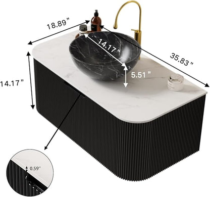 Yayzy 36" Floating Bathroom Vanity with Sink, Solid Wood Fluted Cabinet, White Marble-Patterned Ceramic Basin & Faux Marble Top, Soft-Close Drawer, Pre-Assembled, Gloss Black