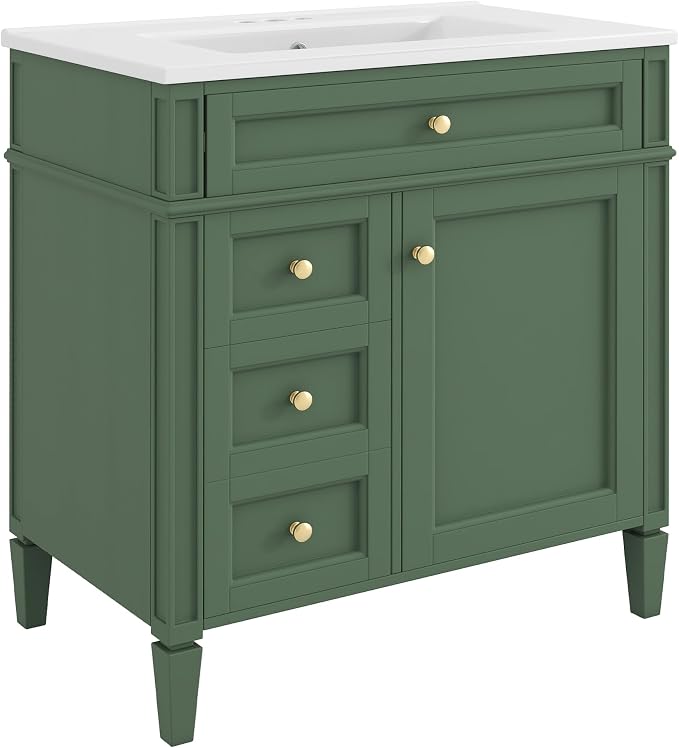Merax 30 Inch Bathroom Vanity with Ceramic Sink, Solid Wood Frame Modern Bathroom Sink Storage Cabinet with 2 Drawers and a Tip-Out Drawer, Single Sink Bathroom Vanities, Green