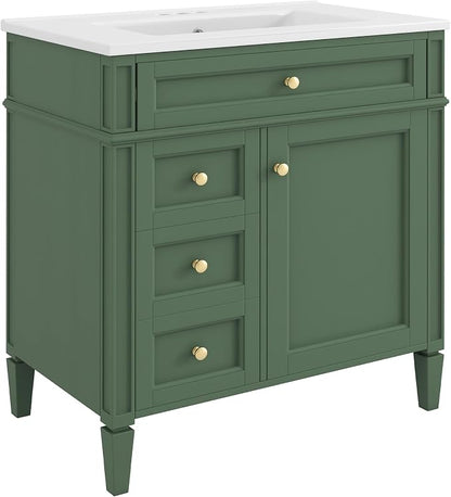 Merax 30 Inch Bathroom Vanity with Ceramic Sink, Solid Wood Frame Modern Bathroom Sink Storage Cabinet with 2 Drawers and a Tip-Out Drawer, Single Sink Bathroom Vanities, Green