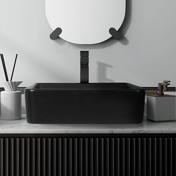 48 inch Barn Door Bathroom Vanity with 6 Drawers, Farmhouse Style Standing Pedestal Cabinet with Two Black Ceramic Vessel Sinks