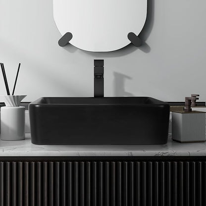 Ceramic Bathroom Sink, Black 19" x 15" Above Counter Porcelain Vessel Sink with Black Faucet and Pop up drain Set, Rectangle