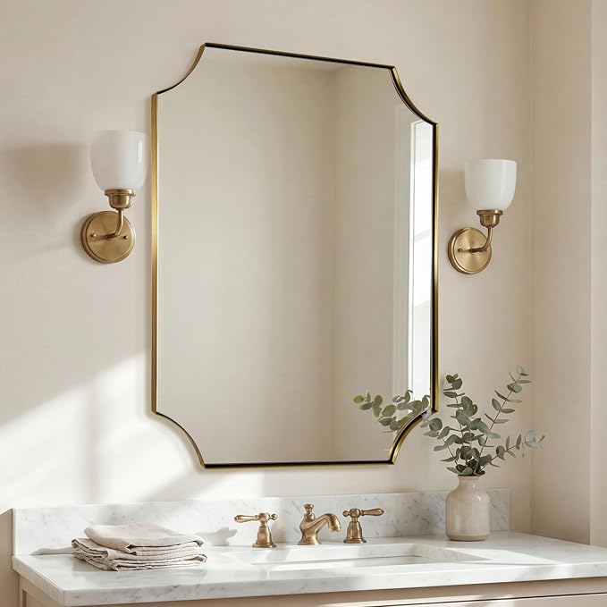 24x30 Inch Gold Mirror, Bathroom Vanity Mirrors, Antique Champagne Bronze Mirror with Rustproof Stainless Steel Thin Frame, Aesthetic Scalloped Corners, Designed for Bathroom Remodel
