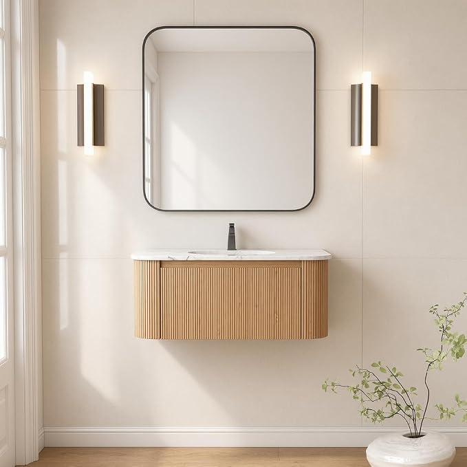 36 Inch Wall Mounted Bathroom Vanity with Ceramic Sink, Pre-Assembled Floating Vanity Cabinet with Cararra Artificial Countertop, Wave Texture Finish & Drawer, Wood