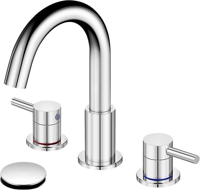 Chrome 8 Inch Widespread Bathroom Faucet 3 Hole with Pop-up Drain | 2 Handle, 8 Inch 3 Hole Sink, 360° Swivel Spout, RV Vanity, Quick Connect, Supply Hoses, NSF372 NSF61 cUPC