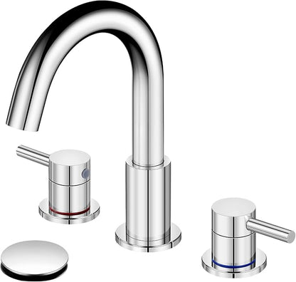 Chrome 8 Inch Widespread Bathroom Faucet 3 Hole with Pop-up Drain | 2 Handle, 8 Inch 3 Hole Sink, 360° Swivel Spout, RV Vanity, Quick Connect, Supply Hoses, NSF372 NSF61 cUPC