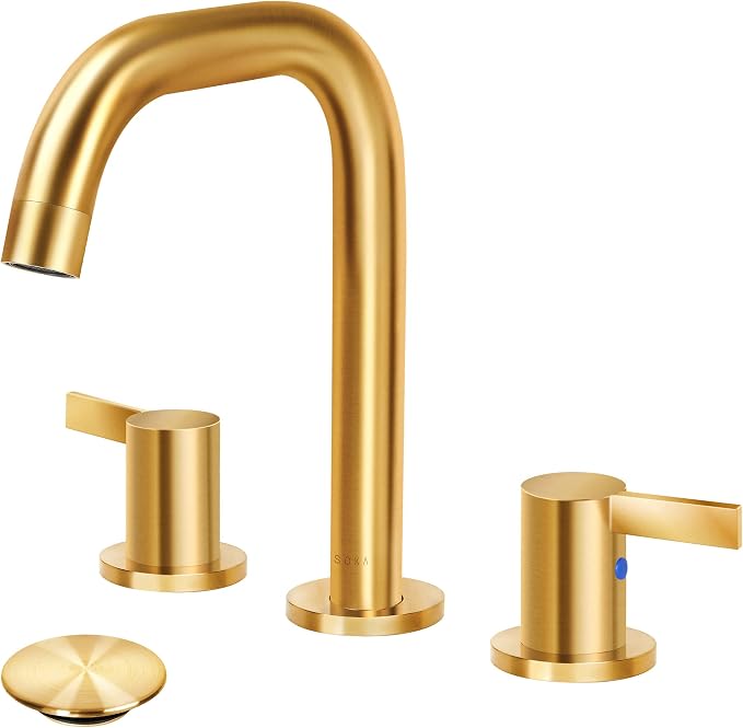 SOKA 8-16 Inch Widespread Bathroom Faucet 2 Handles Gold Commercial Sink Touch Faucets 3 Pieces Vanity Restroom Lavatory 360 Degree Rotating Faucet with Pop Up Drain Assembly,Gold - L