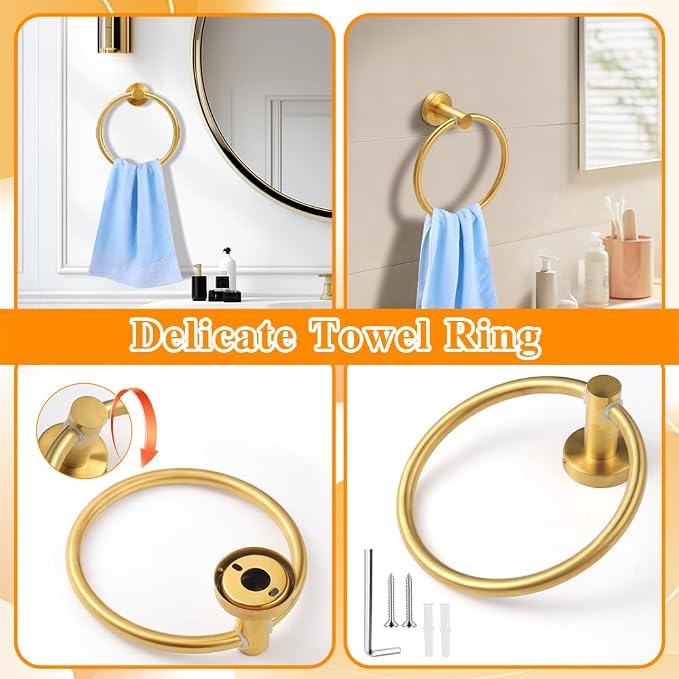 Gold 8-Piece Bathroom Hardware Set Stainless Steel, 24in and 16in Towel Bars Set Wall Mounted Bathroom Accessories