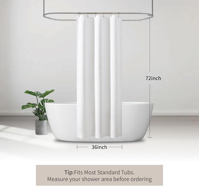 White Waffle Weave Hotel Spa Shower Curtain, 36"x72" | Small Bathroom Curtain, 256GSM Heavy Duty Polyester with Weighted Hem & Metal Grommets,Hotal Style & Machine Washable