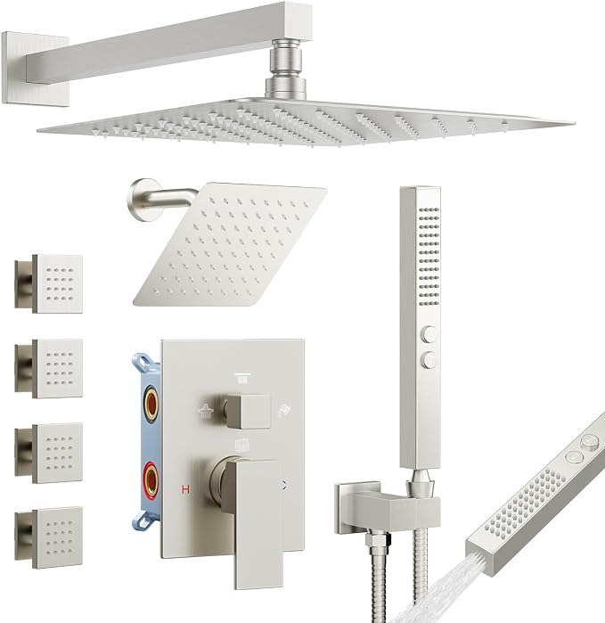 Shower System with Body Jets, Bostingner Four Modes Shower Faucet 12+6" Rain Shower Head with Handheld Spray 2 Ways, 4Pcs Shower Jets System in Wall Shower Faucet Sets Complete,Brushed Nickel