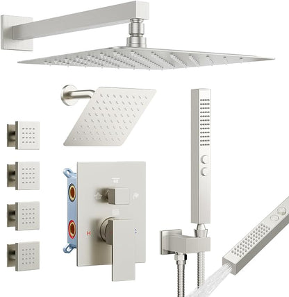 Shower System with Body Jets, Bostingner Four Modes Shower Faucet 12+6" Rain Shower Head with Handheld Spray 2 Ways, 4Pcs Shower Jets System in Wall Shower Faucet Sets Complete,Brushed Nickel