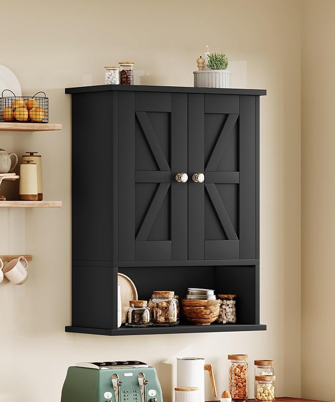 15" W x 19.7" H Black Medicine Cabinet with 2 Barn Doors, Small Farmhouse Bathroom Wall Cabinet with Adjustable Shelf, Wooden Over the Toilet Storage Cabinet for Kitchen, Laundry, Entryway