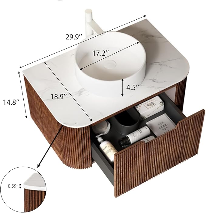 Yayzy 30" Floating Bathroom Vanity with Sink, Solid Wood Fluted Cabinet, White Round Ceramic Basin & Faux Marble Top, Soft-Close Drawer, Pre-Assembled, Walnut Woodgrain